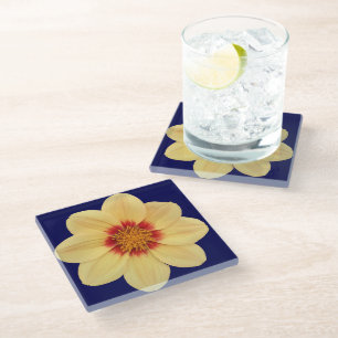 Yellow Dahlia on Blue Floral Glass Coaster