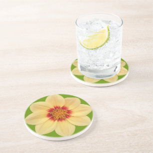 Yellow Dahlia on Green Floral Coaster