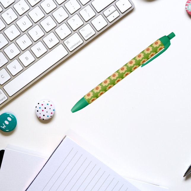 Yellow Dahlia on Green Floral Pattern Black Ink Pen (In Situ)