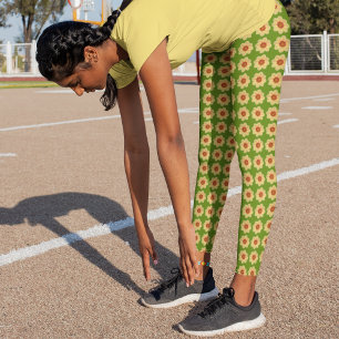Yellow Dahlia on Green Floral Pattern Leggings