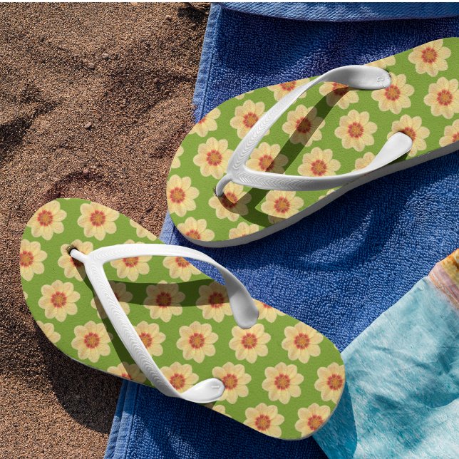 Yellow Dahlia on Green Floral Pattern Thongs (In Situ)