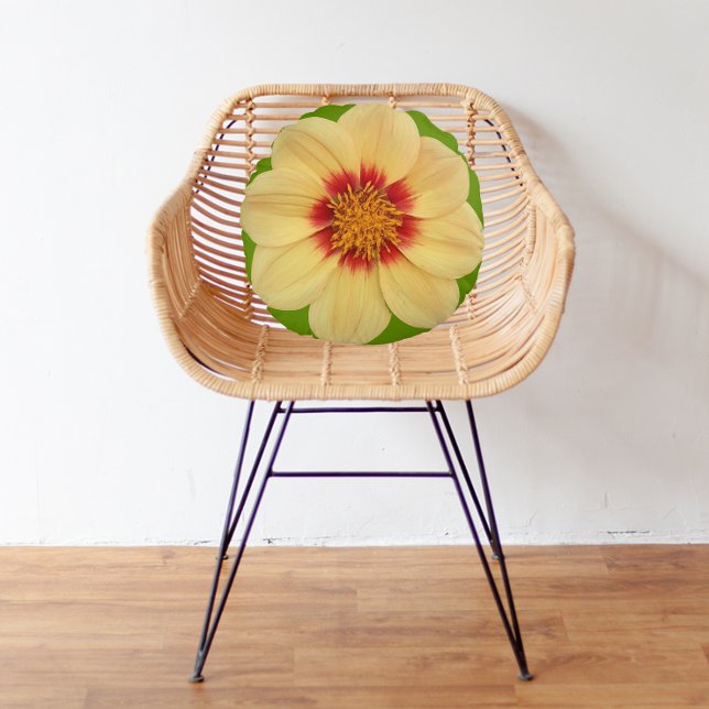 Yellow Dahlia on Green Floral Round Cushion (In Situ)