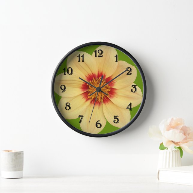 Yellow Dahlia on Green with Black Numerals Clock (Home)