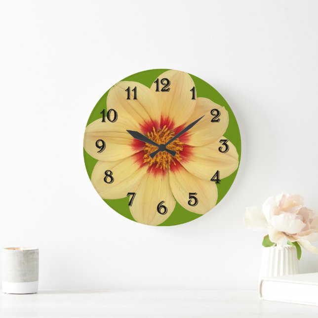Yellow Dahlia on Green with Black Numerals Large Clock (Home)