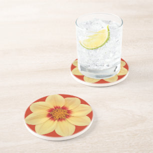 Yellow Dahlia on Red Floral Coaster