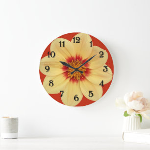 Yellow Dahlia on Red Floral Large Clock