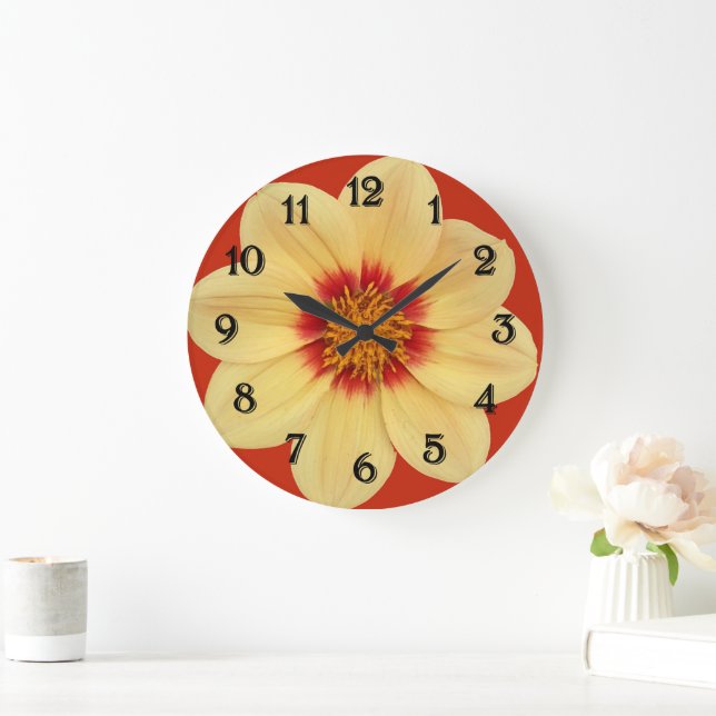 Yellow Dahlia on Red Floral Large Clock (Home)