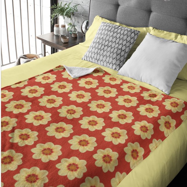Yellow Dahlia on Red Floral Pattern Sherpa Blanket (In Situ Bed)