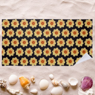 Yellow Dahlia Pattern on Black Floral Beach Towel
