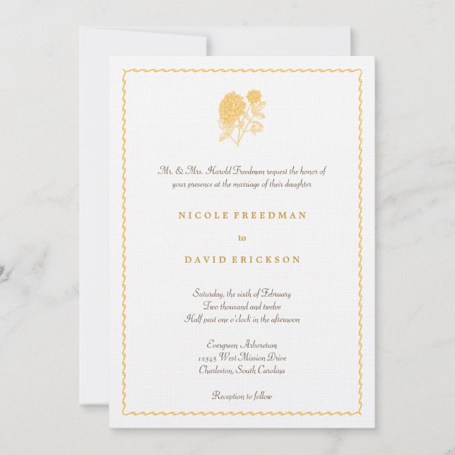 Yellow dahlia simple elegance wedding invitation (Front)