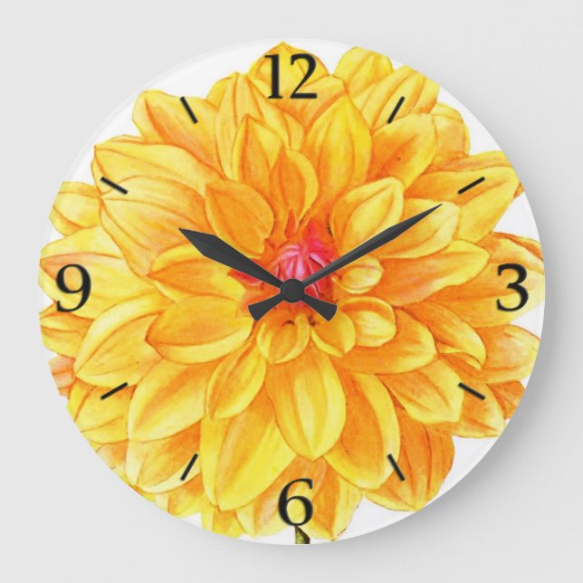 Yellow Dahlia watercolor Large Clock (Front)