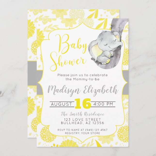 Yellow Dahlias Baby Elephant Boy Baby Shower Invitation (Front/Back)