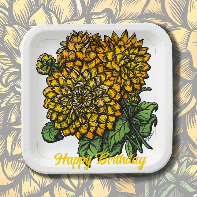 Yellow Dahlias Floral  Paper Plate (Creator Uploaded)