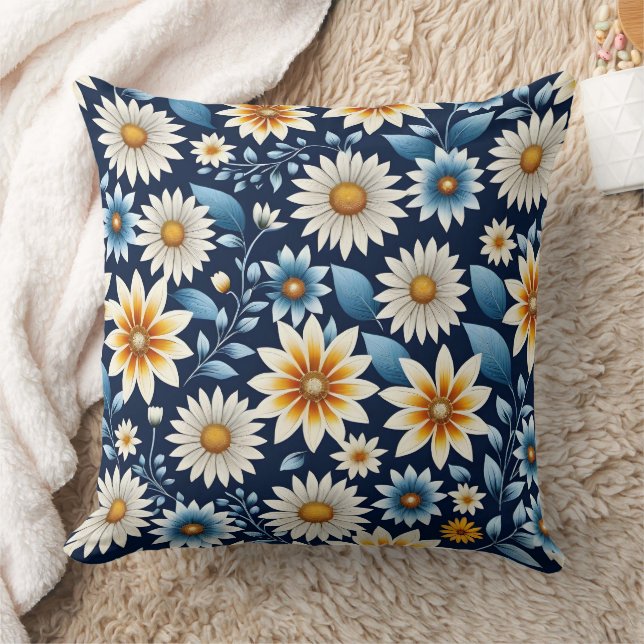 Yellow Daisies and Blue Flower Pattern Cushion (Blanket)