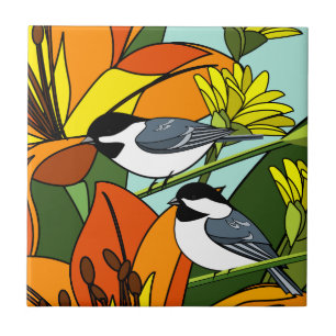 Yellow Daisies and Chickadees Ceramic Tile