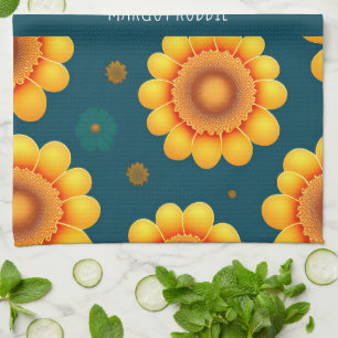 Yellow Daisies Blue Background Botanical Pattern Tea Towel