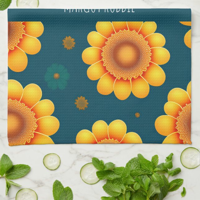 Yellow Daisies Blue Background Botanical Pattern Tea Towel (Folded)
