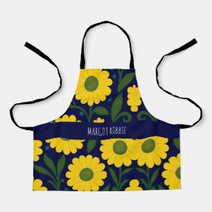 Yellow Daisies Blue Background Floral Pattern Apron