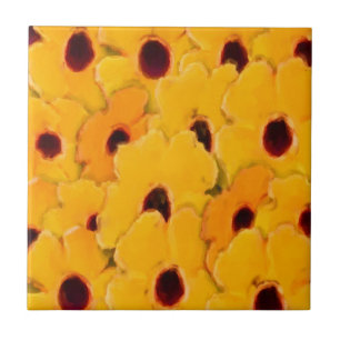 Yellow Daisies Floral Abstract Art Tile