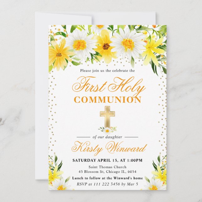 Yellow Daisies Flowers First Holy Communion Invitation (Front)