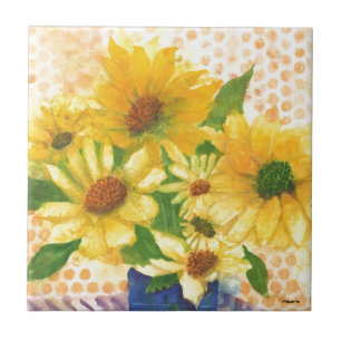 yellow daisies in blue vase ceramic tile