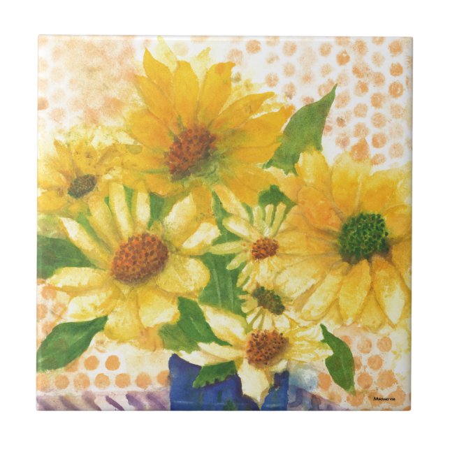 yellow daisies in blue vase ceramic tile (Front)