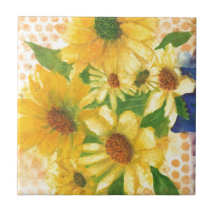 yellow daisies in blue vase ceramic tile