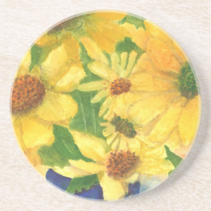 yellow daisies in blue vase coaster