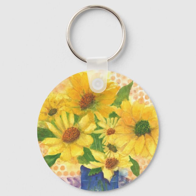 yellow daisies in blue vase key ring (Front)