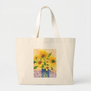yellow daisies in blue vase large tote bag