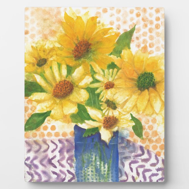 yellow daisies in blue vase plaque (Front)