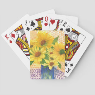 yellow daisies in blue vase playing cards