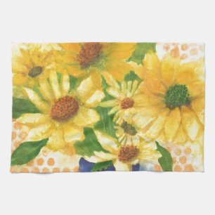 yellow daisies in blue vase tea towel
