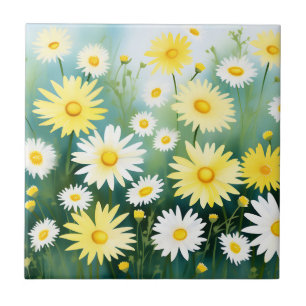 Yellow Daisies Meadow Watercolor Ceramic Tile