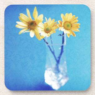 Yellow Daisies on Blue with Brocade Pattern Coaster