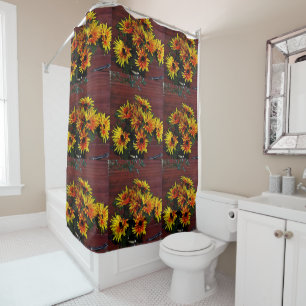Yellow Daisies on Red Barn Board Shower Curtain