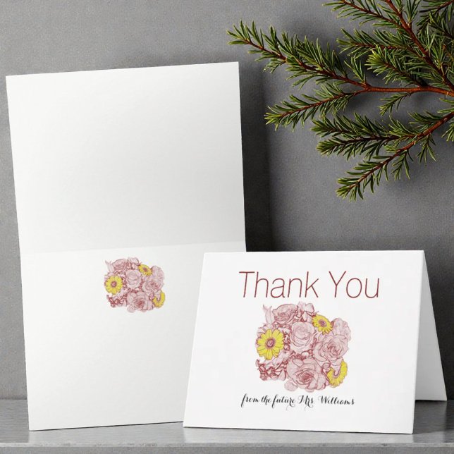 Yellow Daisies Terra  Cotta Outlined Bouquet Thank You Card (Template cover and inside view)