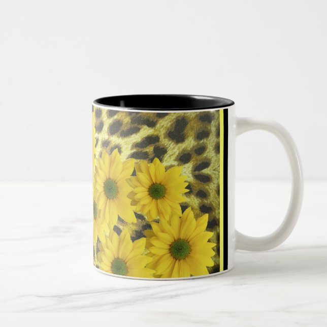 YELLOW DAISIES WITH LEOPARD PRINT Two-Tone COFFEE MUG (Right)