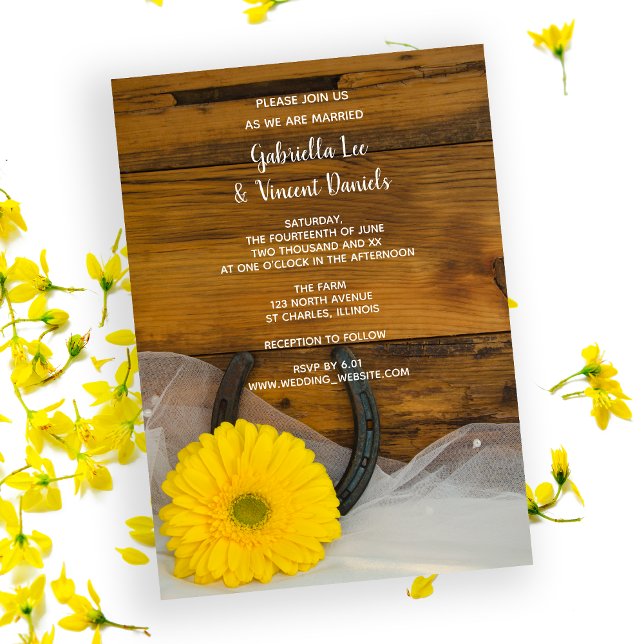 Yellow Daisy and Horseshoe Country Western Wedding Invitation (Creator Uploaded)