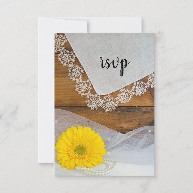 Yellow Daisy and Lace Country Barn Wedding RSVP (Front)