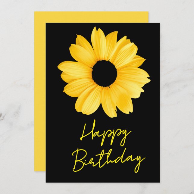 Yellow daisy and Your Name on black Happy Birthday Holiday Card (Front/Back)