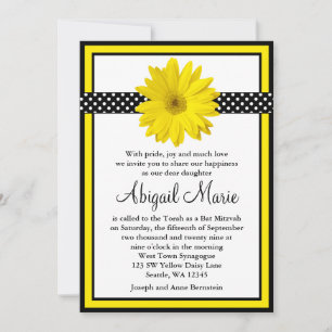 Yellow Daisy Black Polka Dots Bat Mitzvah Invitation