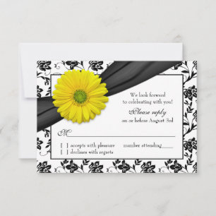 Yellow Daisy Black White Floral Wedding RSVP Card