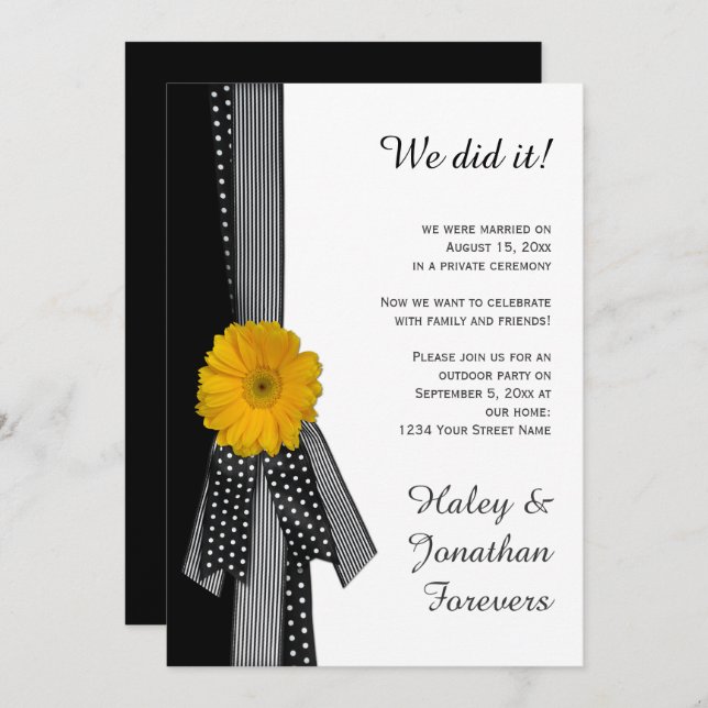 Yellow Daisy Black White Reception Only Invitation (Front/Back)