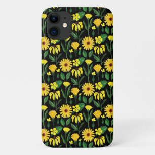 yellow daisy design on black iPhone 11 case