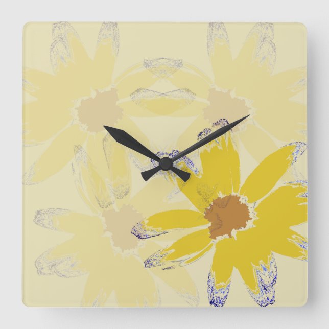 Yellow Daisy Floral Art Square Wall Clock (Front)