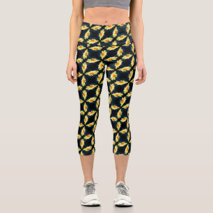 Yellow Daisy Flower Close Up Pattern Capri Leggings