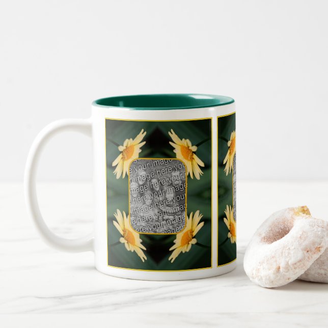 Yellow Daisy Flower Frame Add Your Photo Two-Tone Coffee Mug (With Donut)