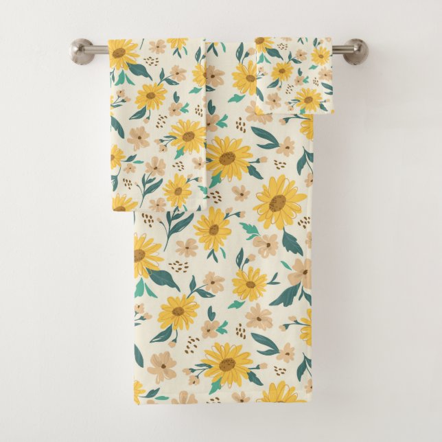 Yellow Daisy Flower Pattern Bath Towel Set (Insitu)