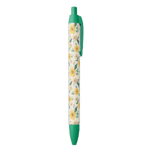 Yellow Daisy Flower Pattern Black Ink Pen